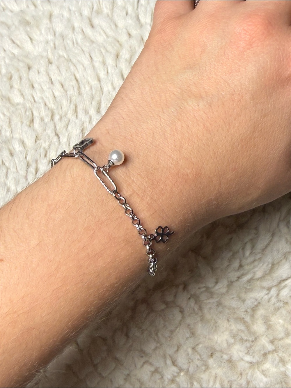 Sterling Silver Pearl Charm Bracelet - Silver